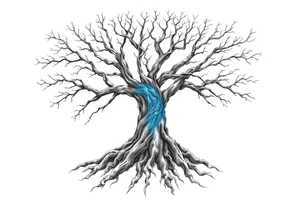 Black and white Tree with roots. Blue water inside the whole tree like veins tattoo idea