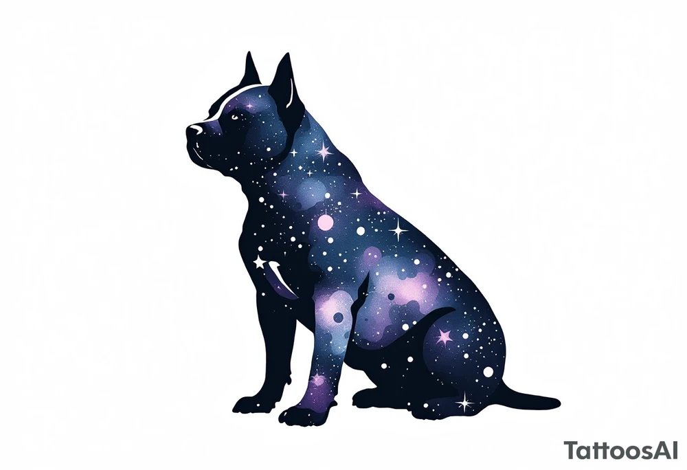 Galaxy Staffbull Silhouette
Silhouette of a sitting Staffbull filled with a galaxy pattern—purple, navy, and starry white dots. Abstract and dreamy. tattoo idea