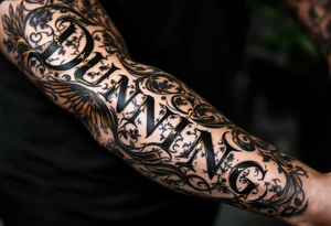 Dunning, details include bold strong font, gold highlights, theme of wealth and angel wings, Trees tattoo idea