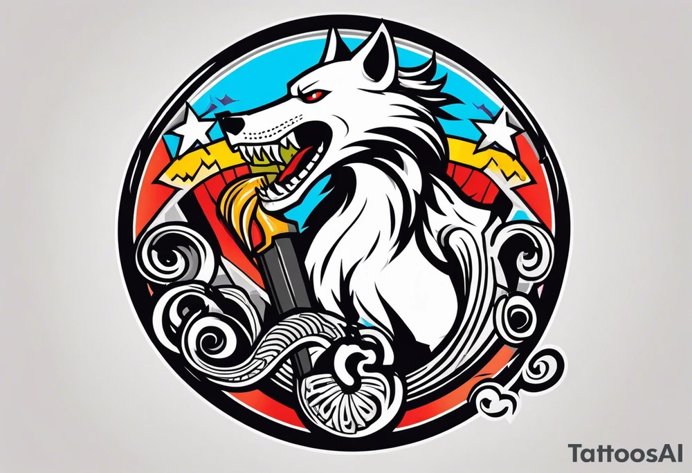 A Hammer and a thunder inside a circle. Beside the circle a skull, a Wolf and a snake tattoo idea