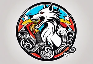 A Hammer and a thunder inside a circle. Beside the circle a skull, a Wolf and a snake tattoo idea