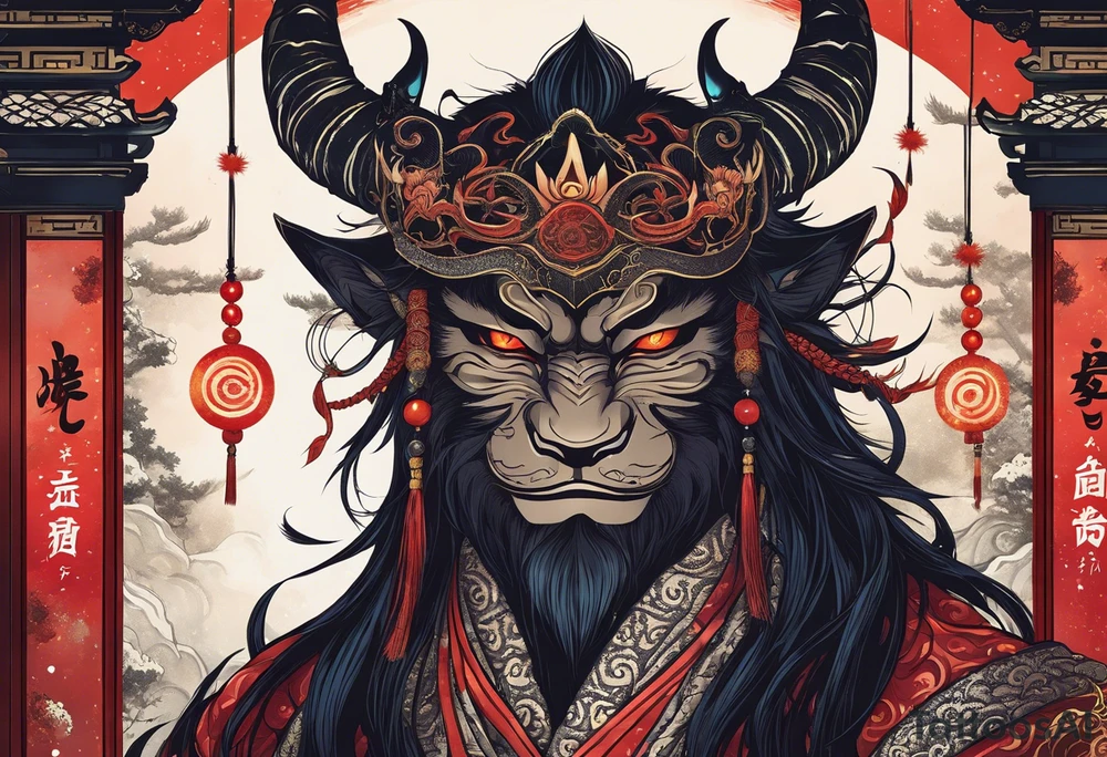 A majestic demon king with devilish features placed above torii gate is depicted in this image. The king's deep-set glowing galaxy-styled large eyes give off an aura of power and mystery. The king's head is acting as dreamcatcher and has braids styled like predator, with 2-3 ending with flame-styled feathers. The king's face is intricately dotted in narsimha/ rudra symbols. The head has a crown shaped blue and orangish flames with intricate and prominent koru maori symbols in the shape of trishul/ trident. The image is filled with vibrant colors, with deep blue, purple, and violet, with bright orange and yellow. This face bust (only face) is atop of a torii gate which is in a brush stroke style, somewhat visible. The king looks regal and powerful. tattoo idea