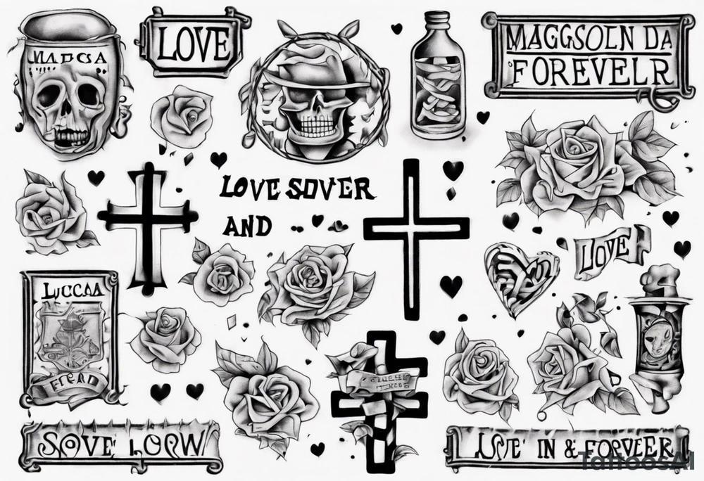 The words Maggie and Lucas and Love and Forever in a crossword puzzle tattoo idea