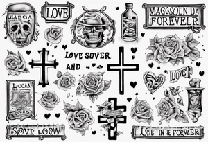 The words Maggie and Lucas and Love and Forever in a crossword puzzle tattoo idea