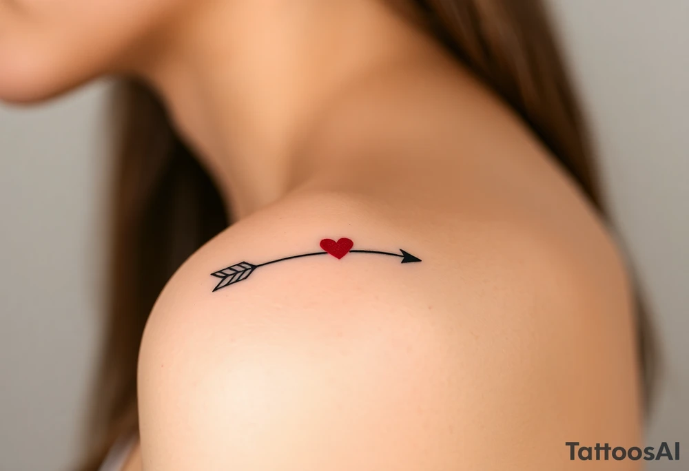 A thin, black arrow with a delicate heart-shaped arrowhead, symbolizing love’s direct path. The fletching is styled with soft curves, giving it an elegant yet simple look. A tiny red heart floats just above the tip, as if the arrow is guiding love to its destined place. The design is sleek, modern, and perfect for a subtle romantic statement. tattoo idea