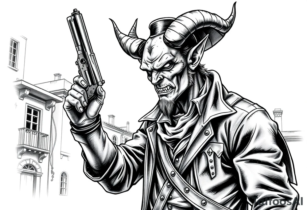 a demon in cowboy-clothing,a gun in a hand,old buildings in the background. tattoo idea