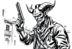 a demon in cowboy-clothing,a gun in a hand,old buildings in the background. tattoo idea