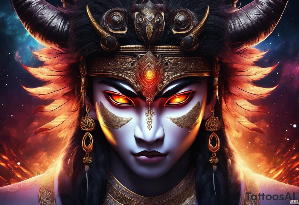 A majestic demon king face with devilish features placed above torii gate is showcased in this realism image depicting keertimukh. The king's deep-set glowing galaxy-styled large eyes give off an aura of power and mystery. The king's head is acting as dreamcatcher and has braids styled like predator, with 2-3 ending with flame-styled feathers. The king's face is intricately dotted in narsimha/ rudra symbols. The head has a crown shaped blue and orangish flames with intricate and prominent koru maori symbols in the shape of trishul/ trident. The image is filled with vibrant colors, with lot of deep blue, deep purple, and violet, with streaks of bright orange and yellow. This face bust (only face) is atop of a torii gate which is in a brush stroke style, somewhat visible. The king looks regal and powerful. tattoo idea