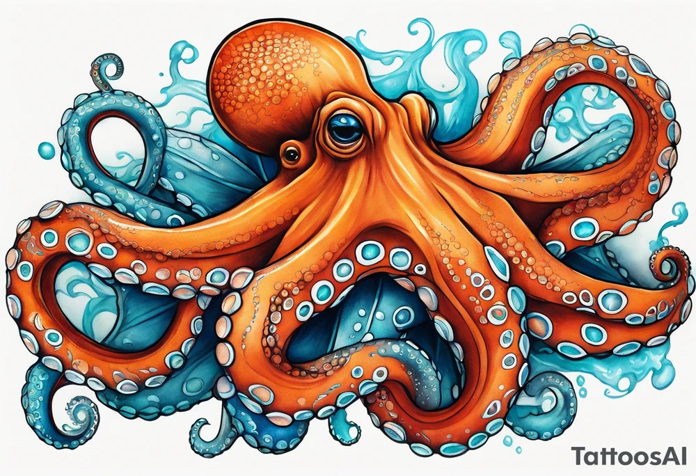 Orange and red Octopus with blue and teal suckers tattoo idea