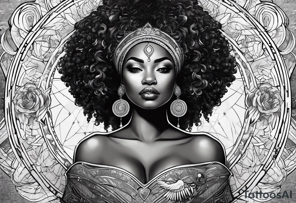 Black woman, royalty, enlightenment, wisdom, astronomy, cancer zodiac, natural, love, strength, power tattoo idea