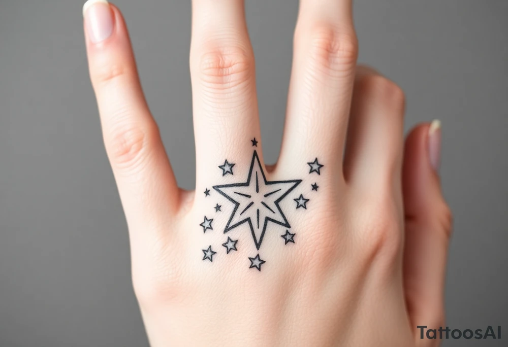 tattoo on back of hand and around fingers that includes stars and had a cool design made of lines tattoo idea