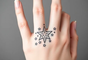 tattoo on back of hand and around fingers that includes stars and had a cool design made of lines tattoo idea