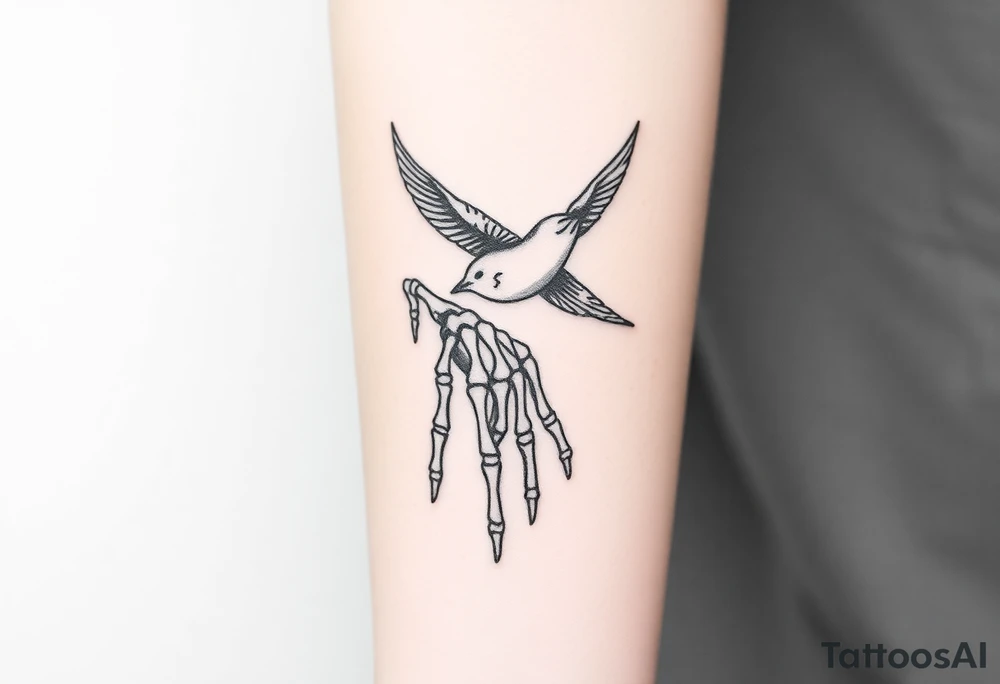Skeleton hand reaching out of the ocean for a flying swallow tattoo idea