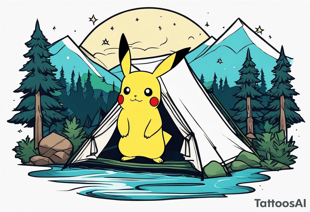 Framed forest scene at night. Pikachu camping near river tattoo idea