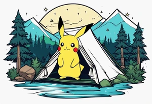Framed forest scene at night. Pikachu camping near river tattoo idea