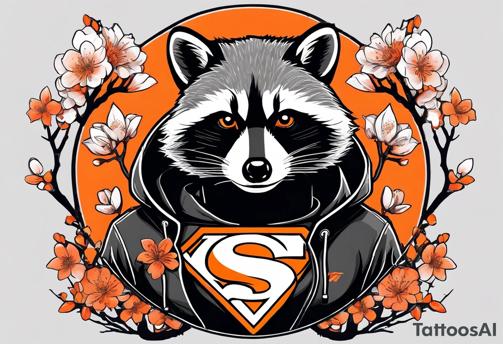 Raccoon wearing a white Superman logo on a black hoodie and orange Japanese cherry blossoms tattoo idea