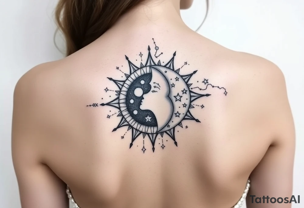 celestial sun and moon embrace with constellation patterns tattoo idea celestial sun and moon embrace with constellation patterns tattoo idea