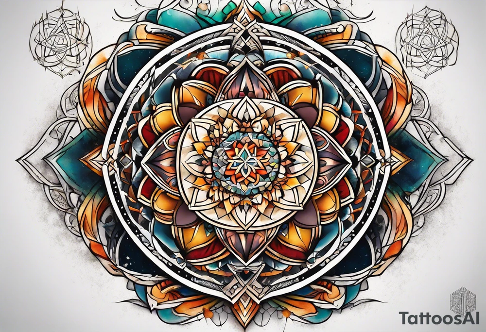 front knee tattoo with sacred geometry, swirls & washes, background and in fall colors tattoo idea