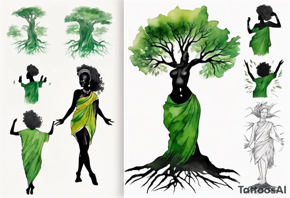 a tree trunk with roots that is a black woman from the waist up, feet made of tree roots, wearing a green tunic, arms stretched upwards towards the noon sun tattoo idea
