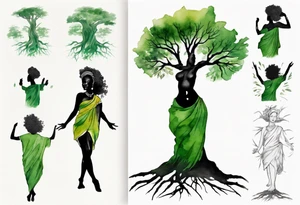 a tree trunk with roots that is a black woman from the waist up, feet made of tree roots, wearing a green tunic, arms stretched upwards towards the noon sun tattoo idea