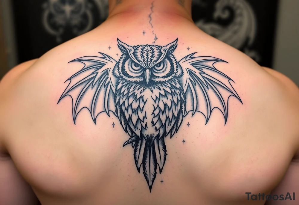 Majestic owl surrounded by beautiful dragon tattoo idea