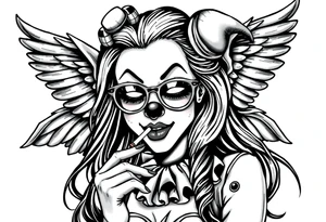 beautiful long hair pin up Clown Girl pays thug eyeglasses  angelic wings smoking a cigarette tattoo idea