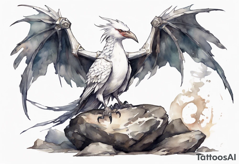 a white bird-wyvern hybrid wearing a plain iron band, perched on a stone throne tattoo idea