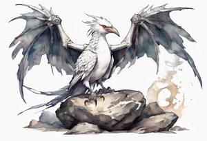a white bird-wyvern hybrid wearing a plain iron band, perched on a stone throne tattoo idea