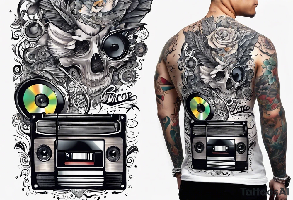 sleeve

music notes, a cassette tape, and
instruments tattoo idea