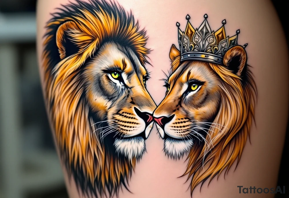 A lion with a golden mane facing a lioness with a silver crown, their eyes inked in piercing green and amber. tattoo idea
