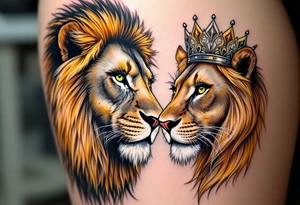 A lion with a golden mane facing a lioness with a silver crown, their eyes inked in piercing green and amber. tattoo idea