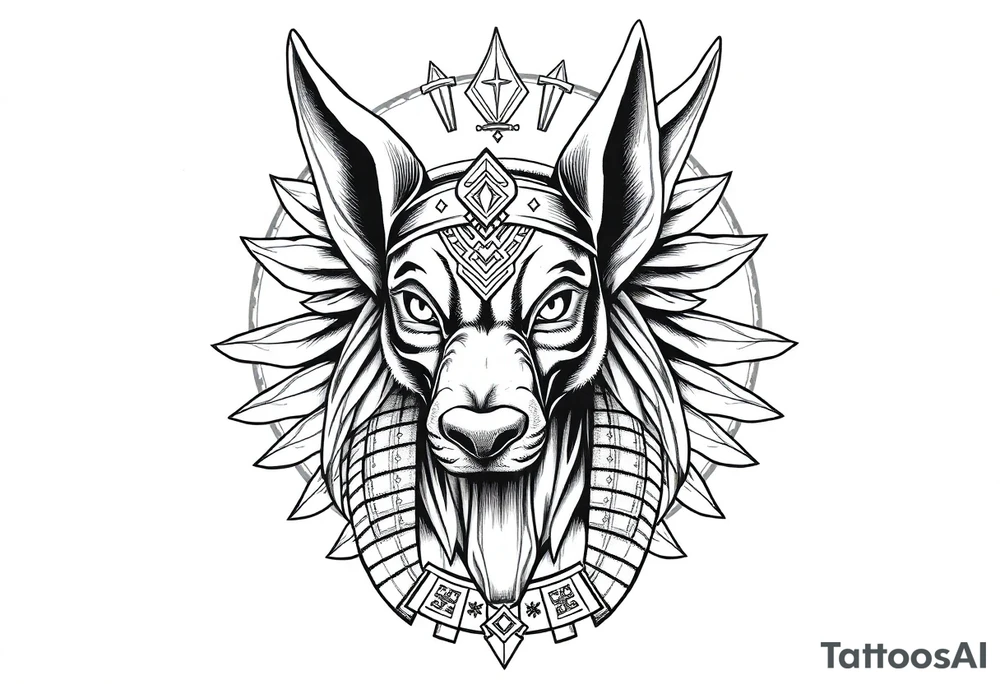 Egyptian Anubis god face muscle in Egypt style  with mantle on head

dog face surrounded Egyptian symbols based on elements tattoo idea