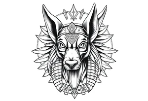 Egyptian Anubis god face muscle in Egypt style  with mantle on head

dog face surrounded Egyptian symbols based on elements tattoo idea