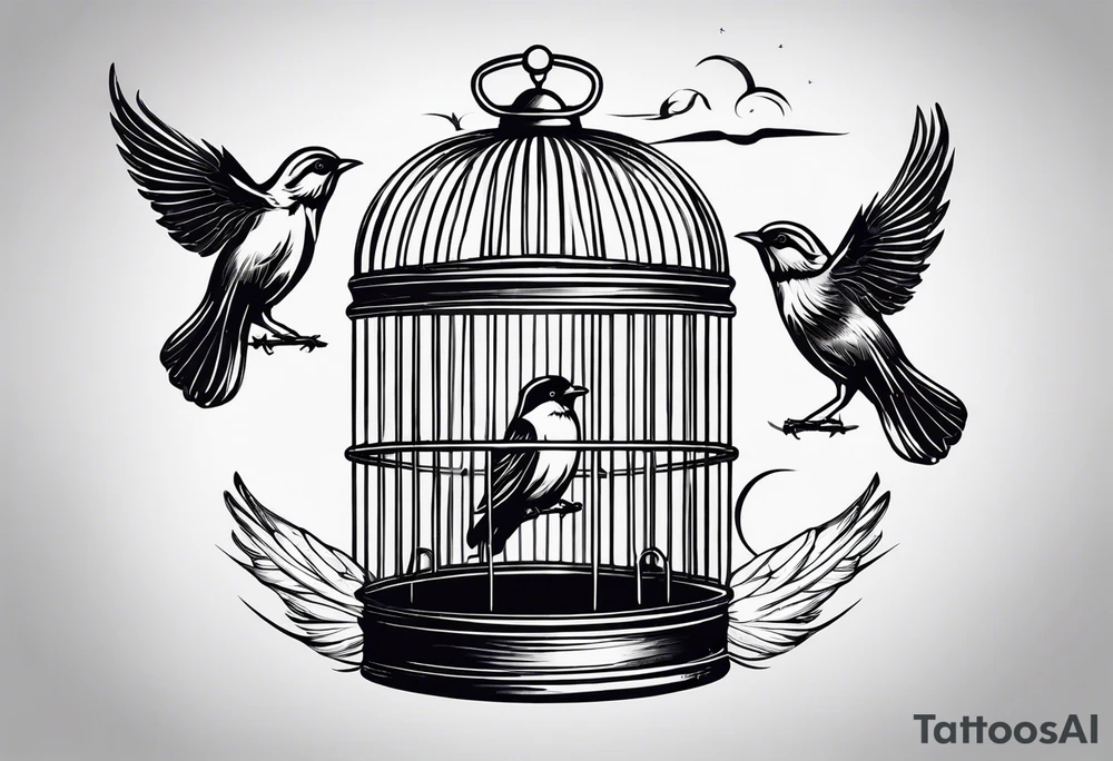 An open bird cage with a beautiful bird flying out of it. Make it look like you are looking into the cage from the front and the bird is flying toward you tattoo idea