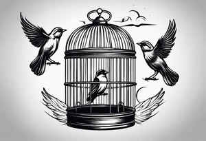 An open bird cage with a beautiful bird flying out of it. Make it look like you are looking into the cage from the front and the bird is flying toward you tattoo idea