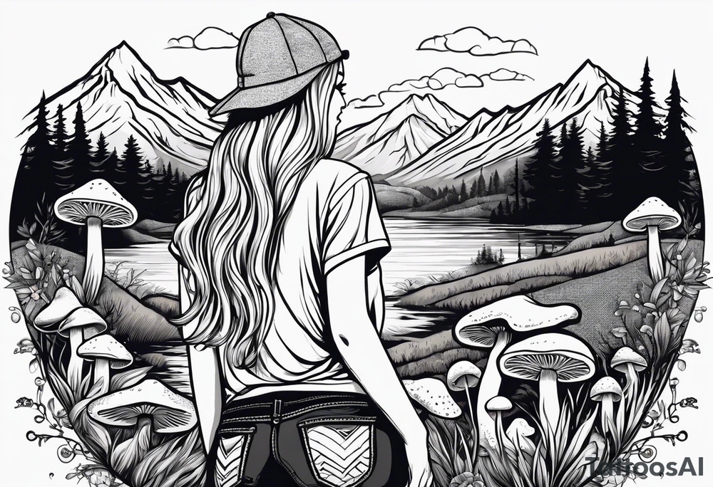 Straight long blonde hair hippie girl in distance holding mushrooms in hand facing away toward mountains and creek surrounded by mushrooms tee shirt and hiking pants tattoo idea