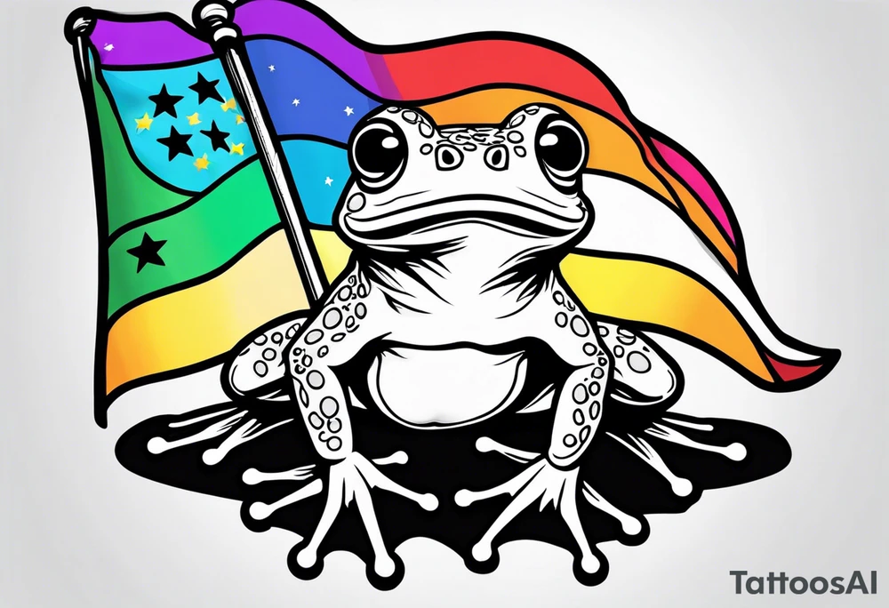 Cute small frog holding rainbow flag tattoo idea