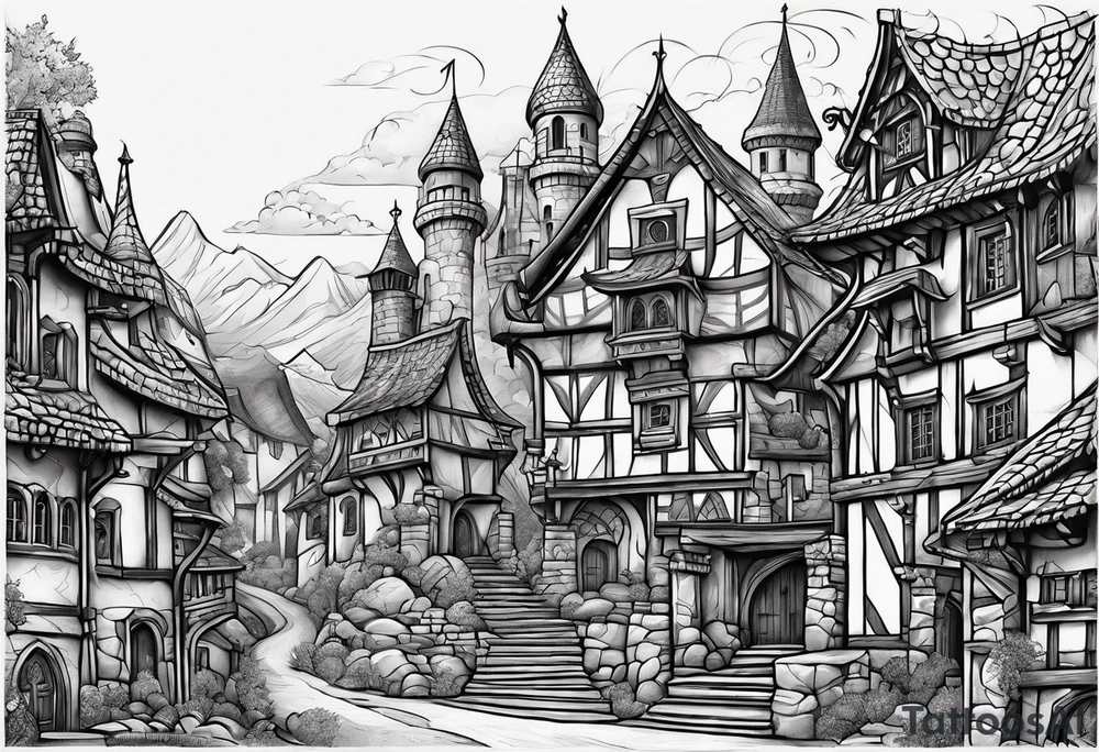 medieval tribal city vignette tattoo idea