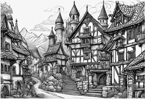 medieval tribal city vignette tattoo idea