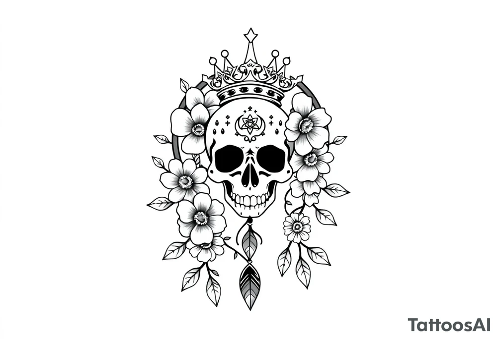 Mandala dream catcher with detailed beautiful gothic boho flowers on vine and skull with gorgeous crown tattoo idea