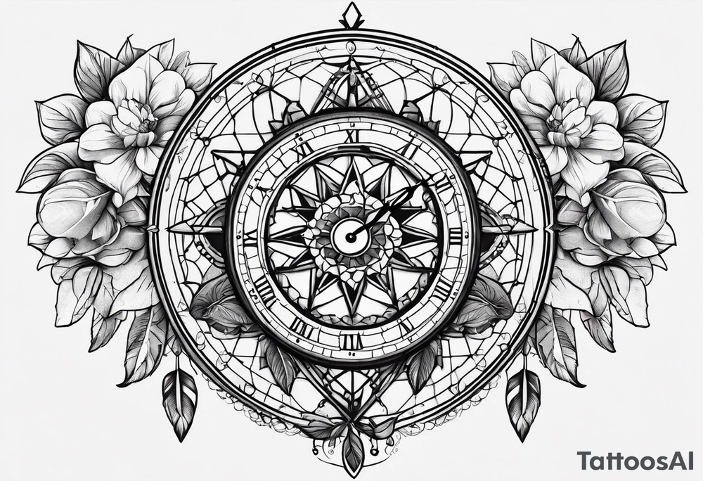 Dreamcatcher with three parts to it the Magnoliaflower at the top the clock in the middle in the compass at the bottom tattoo idea