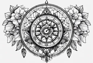 Dreamcatcher with three parts to it the Magnoliaflower at the top the clock in the middle in the compass at the bottom tattoo idea