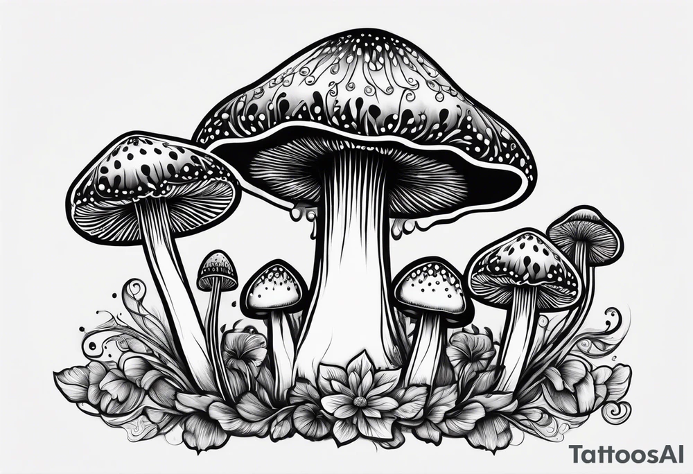 Large Shaggy cap mushroom dripping ink off cap with 4 smaller mushrooms around it mandala henna black tattoo design tattoo idea