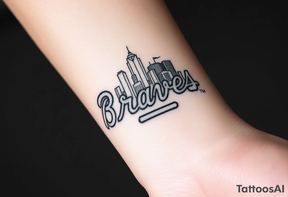 3D layered Atlanta skyline with Atlanta Braves letter logo tattoo idea