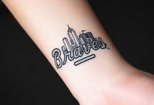 3D layered Atlanta skyline with Atlanta Braves letter logo tattoo idea