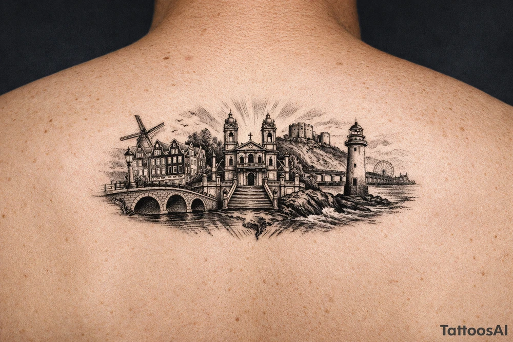 I wanted arm tattoo that reminds me of my three favourite places. I've lived the cities of Amsterdam and Braga and New Brighton in Wallasey tattoo idea