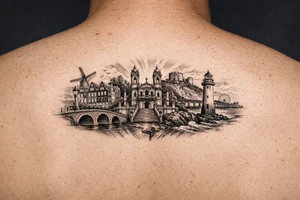 I wanted arm tattoo that reminds me of my three favourite places. I've lived the cities of Amsterdam and Braga and New Brighton in Wallasey tattoo idea