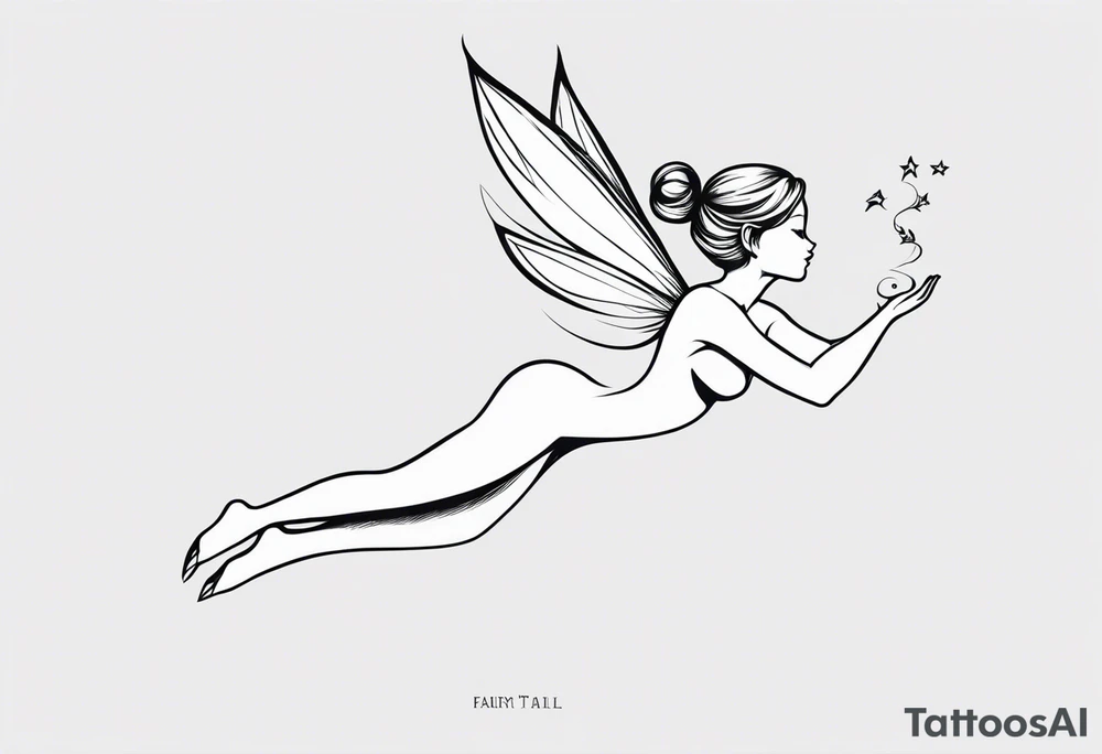 Minimalistic, monochromatic fairy with a tail flying to the left in a fetal position, leaning and looking in the same direction, with visible hands, embodying the 'Fairy Tail' logo aesthetic. tattoo idea