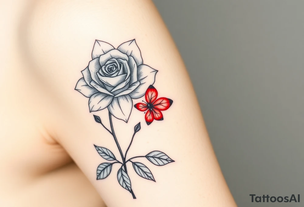 Rose and daffodil with 2 red butterflies one larger than other tattoo idea