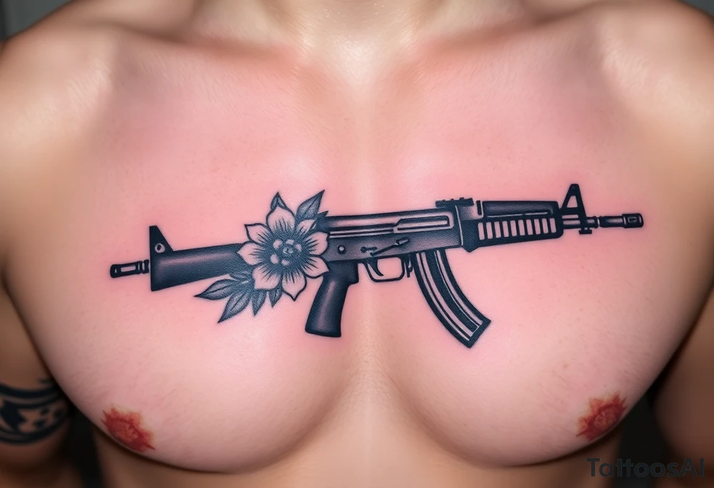 ak 47 black silhouette with floreal details tattoo idea
